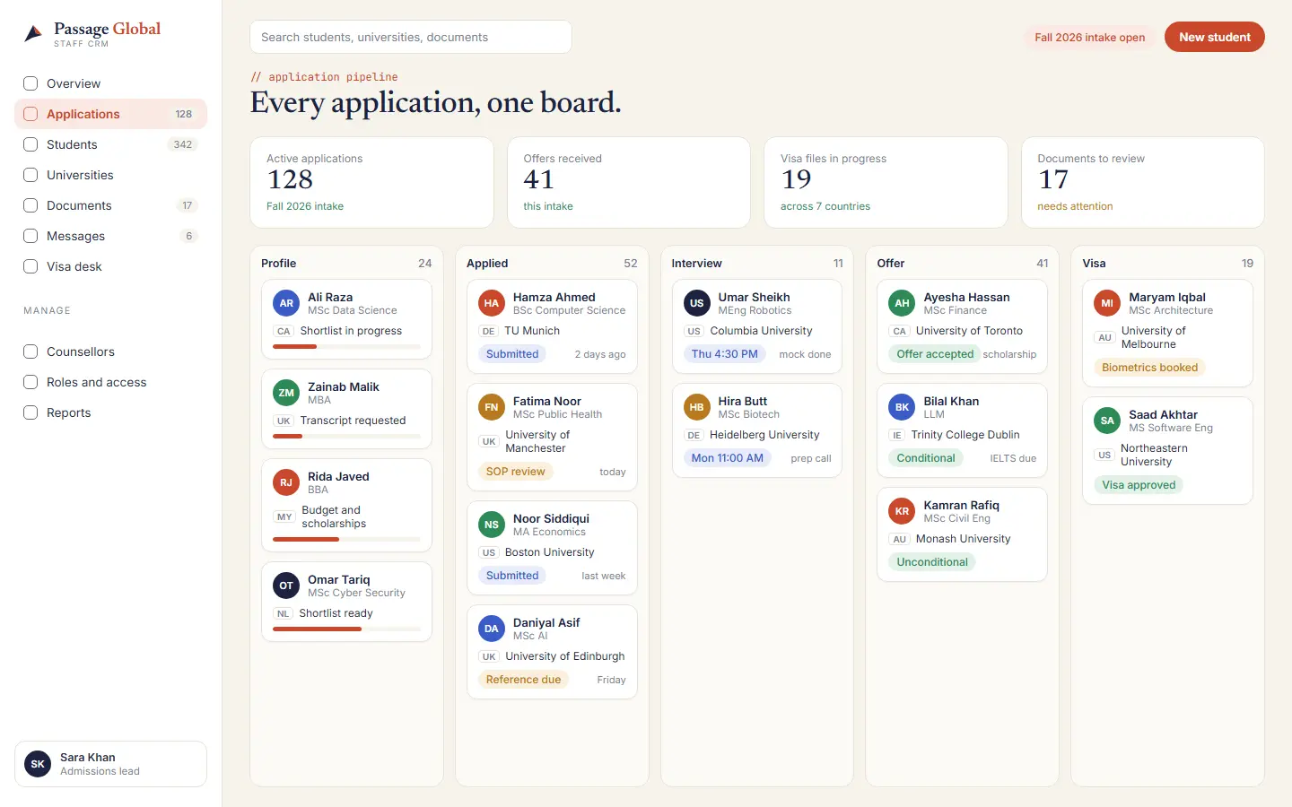 Illustration of the Passage Global CRM admin panel with sample data