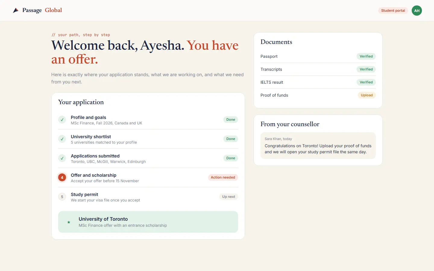 Illustration of the Passage Global student portal with sample data